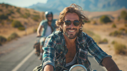 Fototapeta premium Man with sunglasses and plaid shirt smiling while riding a motorcycle in a desert landscape with another rider.