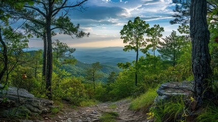 A tranquil image capturing a path through a forest leading to a breathtaking mountainous horizon at dusk Trees, rocks, and foliage frame the view
