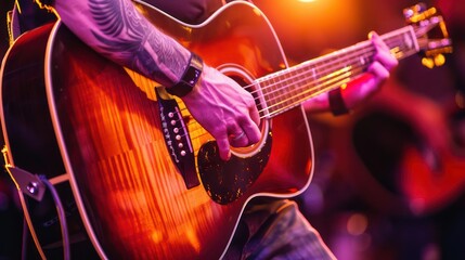 Naklejka premium a close-up view of a musician's hand strumming an acoustic guitar, emphasizing the strings and wood texture