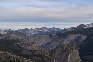 Beautiful scenery of the mountainous landscape in Yosemite National Park as seen from Glacier Point at dusk