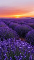 Obraz premium Elegant summer sunset over a tranquil lavender field with deep purple hues blending into the pink-orange sky