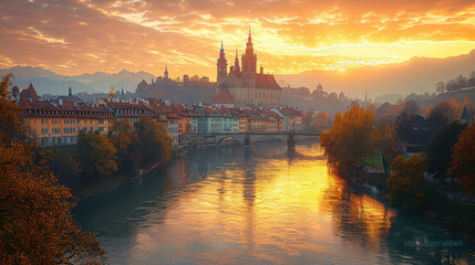 Naklejka premium Bern, Switzerland city skyline created with Generative AI technology