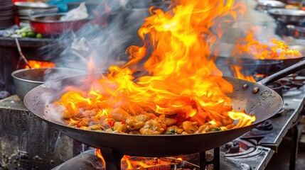 Intense flames engulf a wok during a dynamic stir-fry cooking process, highlighting Asian street food