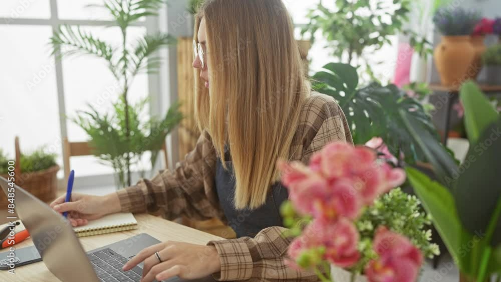 Sticker blonde woman working on laptop in flower shop surrounded by lush greenery and colorful blooms.