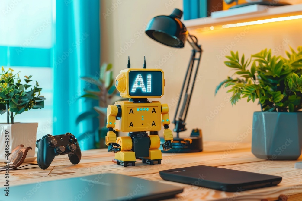 Poster colorful ai robot in modern office setting with digital interface