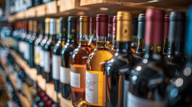 Various wine bottles arranged neatly on wooden shelves in a store, showcasing a diverse selection of wines for purchase.