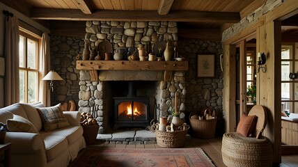 "Detail the interior of a rustic cottage with a stone fireplace."  © Aniba