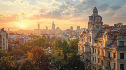 Fototapeta premium Bucharest, Romania city skyline created with Generative AI technology