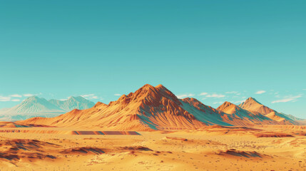 Fototapeta premium Golden-hued mountains stretch across a vast desert under a bright blue sky, creating a striking landscape.