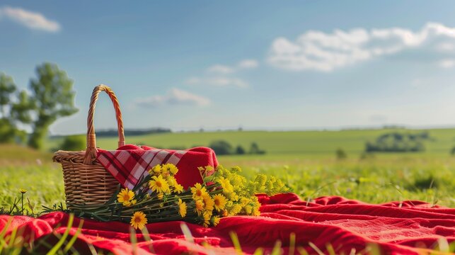 Minimalist summer picnic scene with a red blanket, wicker basket, and fresh yellow flowers, green meadow, and clear skies, serene and simple aesthetic - Powered by Adobe