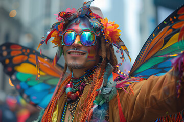 White man with colorful butterfly wings and face paint smiles at the camera during a Pride parade