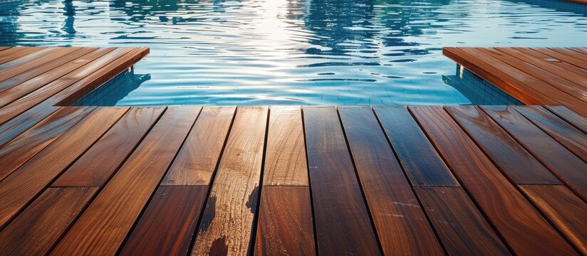 Wooden decorative planking, ipe pool deck gleaming in the sun, with a textured finish reflecting on the water.