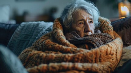 An aged female feeling cold seated on the couch covered in a warm blanket appears chilly and uneasy