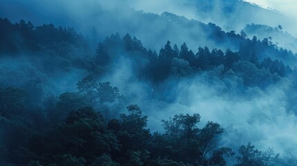 Dense blue mist enveloping a mountain forest