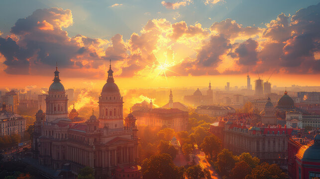 Bucharest, Romania city skyline created with Generative AI technology