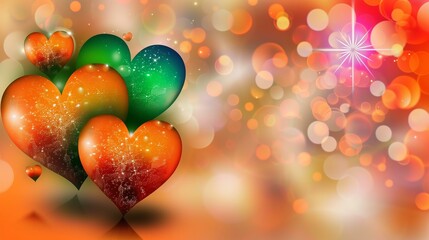 Sparkling multicolored hearts and bokeh lights create a vibrant and romantic atmosphere.