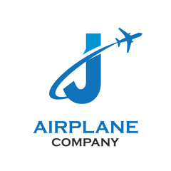 Letter j with airplane logo template illustration. suitable for transportation, brand, travel, agency, web, label, network, marketing etc