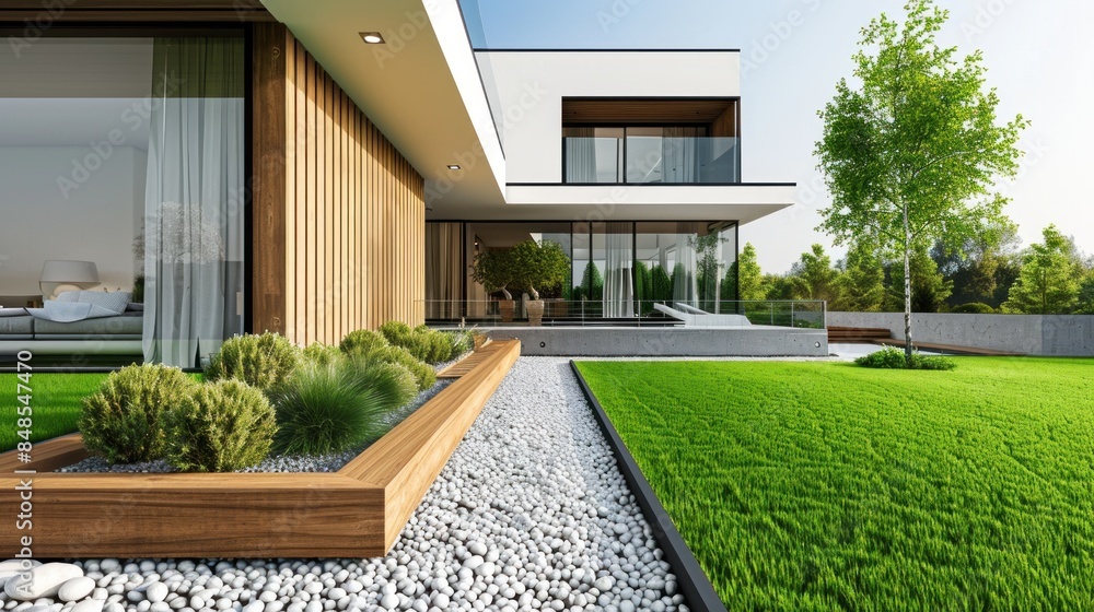 Poster a large house with a green lawn and a large tree in front of it.