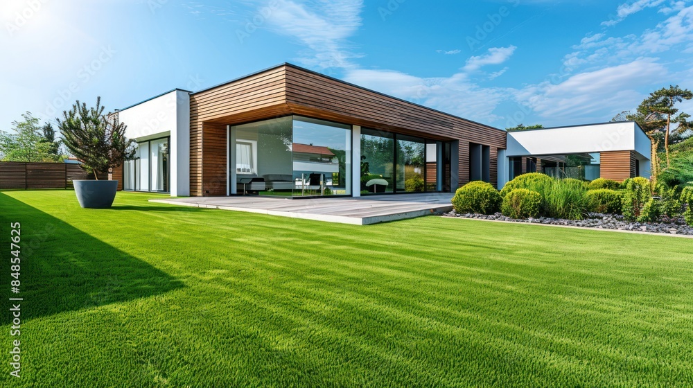 Poster a large house with a green lawn and a large tree in front of it.