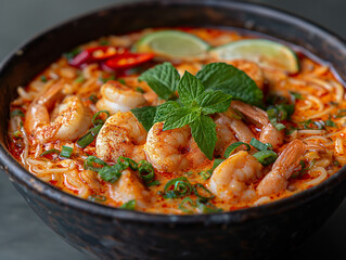 a close up photo of seafood curry laksa