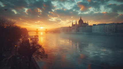 Naklejka premium Budapest, Hungary city skyline created with Generative AI technology