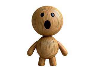 Wooden 3D Minimalist Figure Expressing Surprise with Emoticon Face