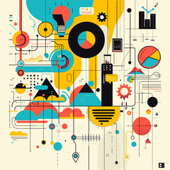 Obraz premium A colorful and abstract drawing of a cityscape with many different shapes and patterns. Scene is energetic and dynamic, with a sense of movement and progress