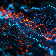 Fototapeta premium A colorful, abstract image of a wave with red and blue lines. The image is full of dots and has a futuristic feel to it