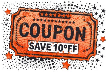 A vintage-style coupon with a bright orange background and black text. The coupon features the word COUPON in large letters and the text SAVE 10% OFF below