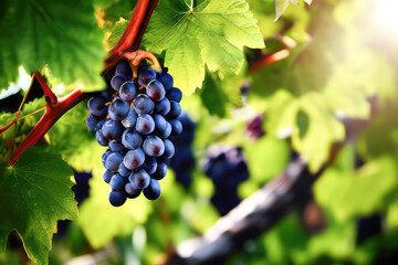 Close-up blue grapes in sunlight. Vineyard.