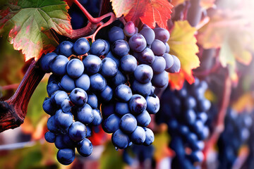 Close-up blue grapes in sunlight. Vineyard.