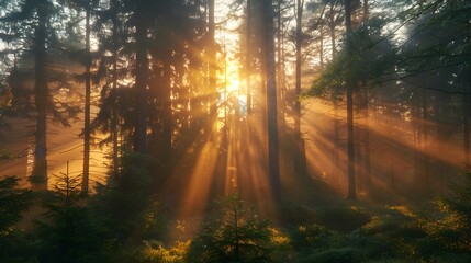 Fototapeta premium Dramatic Woodland Scene with shafts of light coming through the Trees. Beautiful Sunrise Nature Background