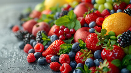 a background with lots of white space and professional close up look of lots of healthy fruits and vegetables