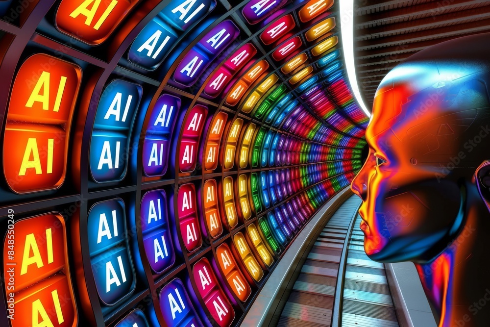 Aufkleber glowing ai letters in colorful tunnel with futuristic elements
