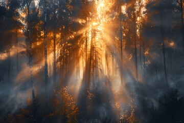 Dramatic Woodland Scene with shafts of light coming through the Trees. Beautiful Sunrise Nature Background