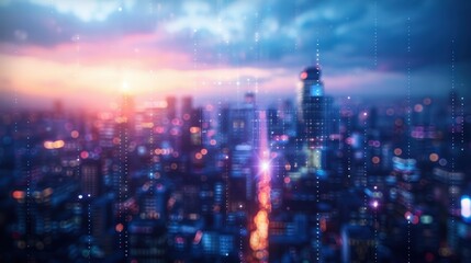 Fototapeta premium Abstract futuristic cityscape at sunset with glowing lights and blurred buildings creating a vibrant and dynamic urban atmosphere.
