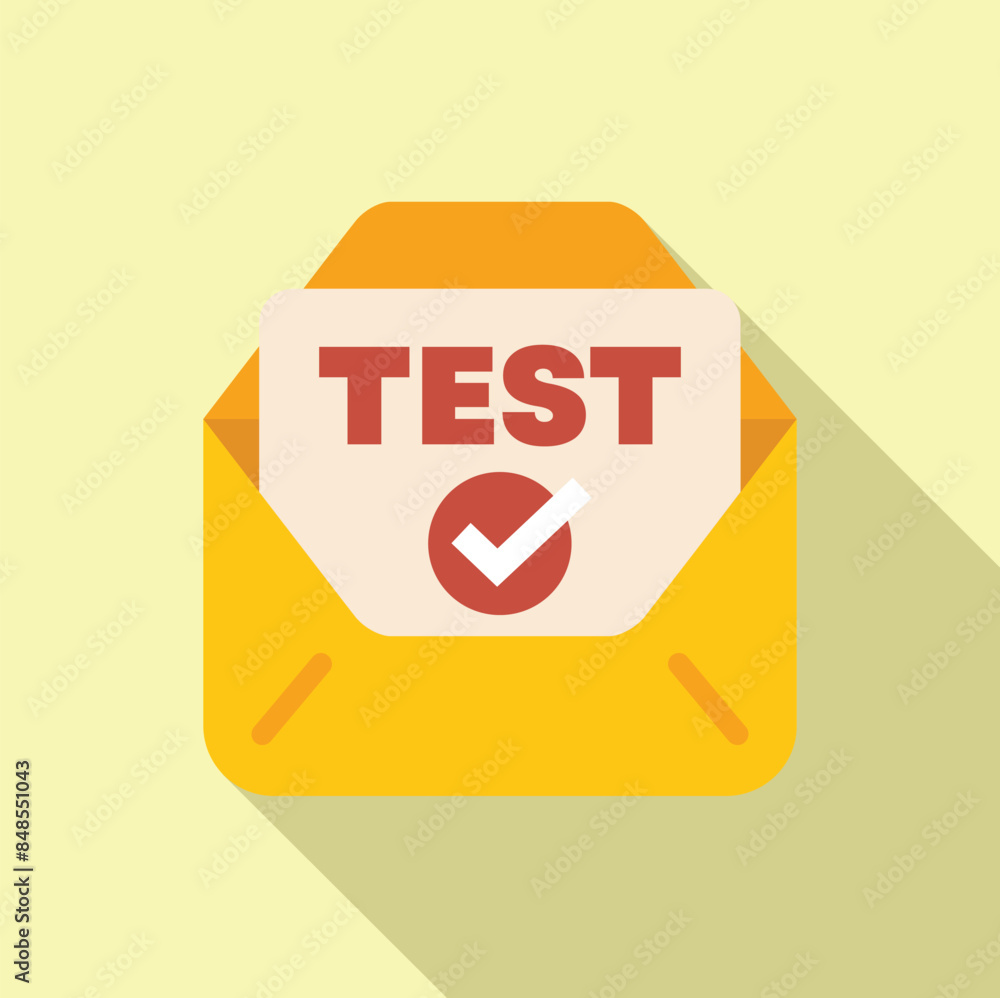 Poster open envelope containing test results with check mark icon, concept of successful exam or test
