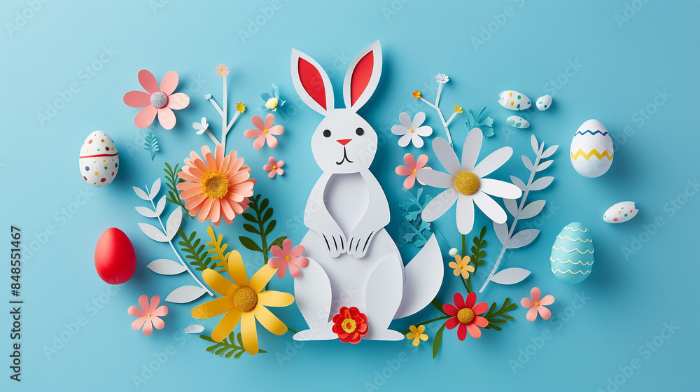 Wall mural Paper rabbit with flowers, colorful eggs and text Happy Easter on blue background