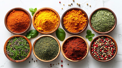 Many bowls filled with different types of spices with white background top view
