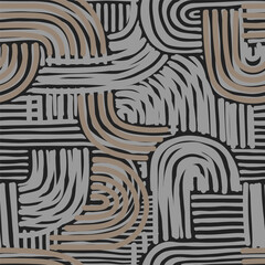 Boho style vector seamless texture with organic striped shapes. Earth tones endless background. Contemporary art poster, wallpaper, wall, mural, home textile, bedding, package, fabric. 