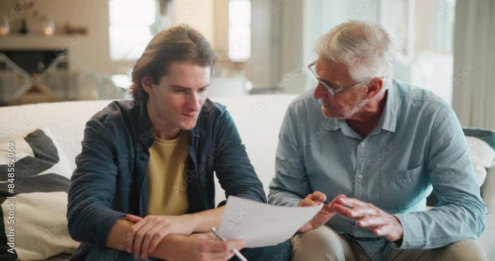 Aufkleber Homework, senior man and father teaching university student on sofa with exam and learning. Thinking, reading and mentor support with paperwork for college, education and school test with studying