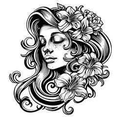 A woman with long hair and flowers on her head. The flowers are pink and white. The woman has a peaceful expression on her face