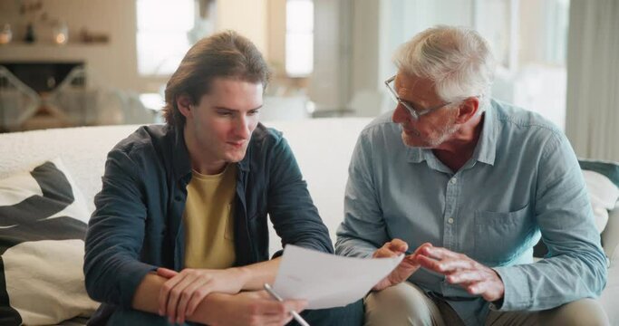 Homework, senior man and father teaching university student on sofa with exam and learning. Thinking, reading and mentor support with paperwork for college, education and school test with studying