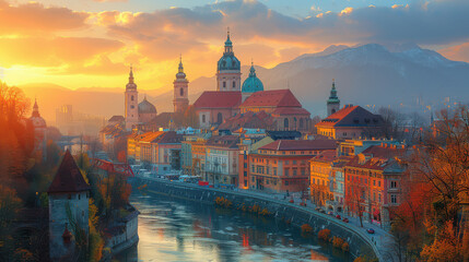 Fototapeta premium Ljubljana, Slovenia city skyline created with Generative AI technology