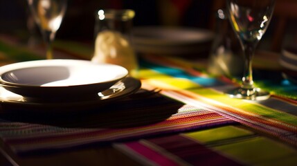Obraz premium Close-up of casual dining table, colorful placemat, simple ceramic dishware, ambient lighting, no humans 