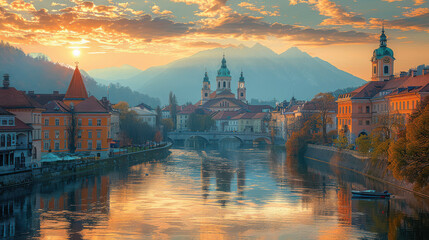 Obraz premium Ljubljana, Slovenia city skyline created with Generative AI technology
