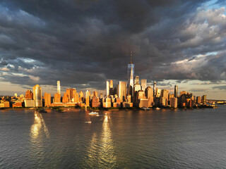 NYC aerial view, New York City Skyline with dramatic sky. Panoramic drone view on Manhattan in NY.
