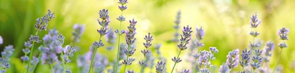 Fototapeta premium Tranquil summer meadow with soft lavender flowers, offering ample copy space for text, ideal for nature and wellness themes.