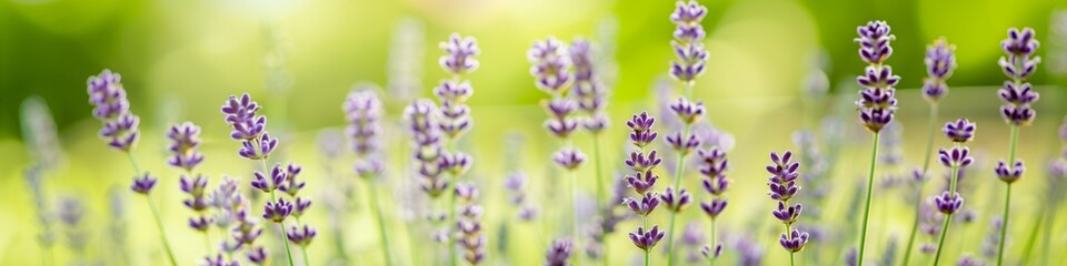 Obraz premium Tranquil summer meadow with soft lavender flowers, offering ample copy space for text, ideal for nature and wellness themes.