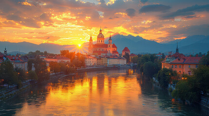 Fototapeta premium Ljubljana, Slovenia city skyline created with Generative AI technology